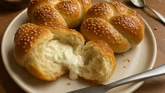 Domácí houstičky s tvarohovou náplní a sezamem – měkké kynuté pečivo z trouby