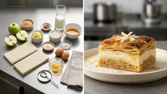 Jablečný koláč z listového těsta: tvaroh, vanilkový pudink a šťavnatá jablka