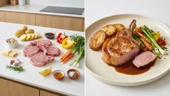 Šťavnatá kotleta s kostí na pánvi: s bramborovými dukátky a volským okem