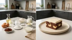 Macecha řezy na plech: kakaový korpus, pudinkové ostrůvky a smetanový krém