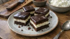 Pribináček řezy s tvarohem: jednoduchý moučník na plech s čokoládovou polevou