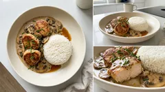 Šťavnaté kuřecí medailonky na hnědých žampionech: smetanová omáčka se sójovkou