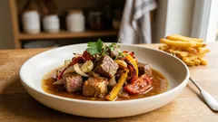 Rychlá pánev ze zbytků guláše: šťavnaté hovězí se zeleninou a hranolky