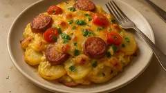 Francouzské brambory se smetanovo-vaječnou zálivkou: spolehlivá večeře z jednoho pekáče