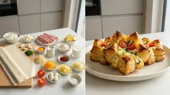 Slané kvítky z listového těsta s tvarohovo-sýrovou náplní a paprikovým dipem