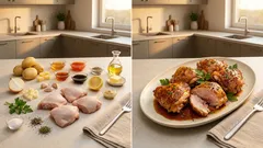 Pečená kuřecí stehna s medovo-chilli glazurou a bramborami z jednoho pekáče