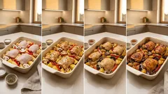 Zapečené brambory s kuřecími stehny a houbami – vše v jednom pekáči