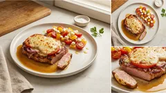 Obložené vepřové řízky z trouby: cibule, rajčata a sýr krásně do zlatova